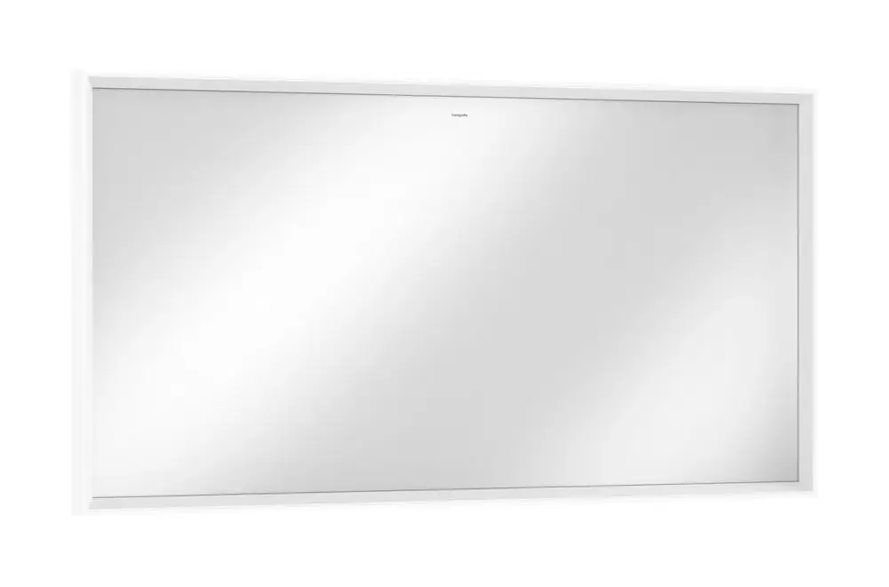 Spiegel mit LEDs und IR-Sensor, rahmenloses Design in Mattweiß, geeignet für Badezimmer, angezeigt von Hansgrohe.